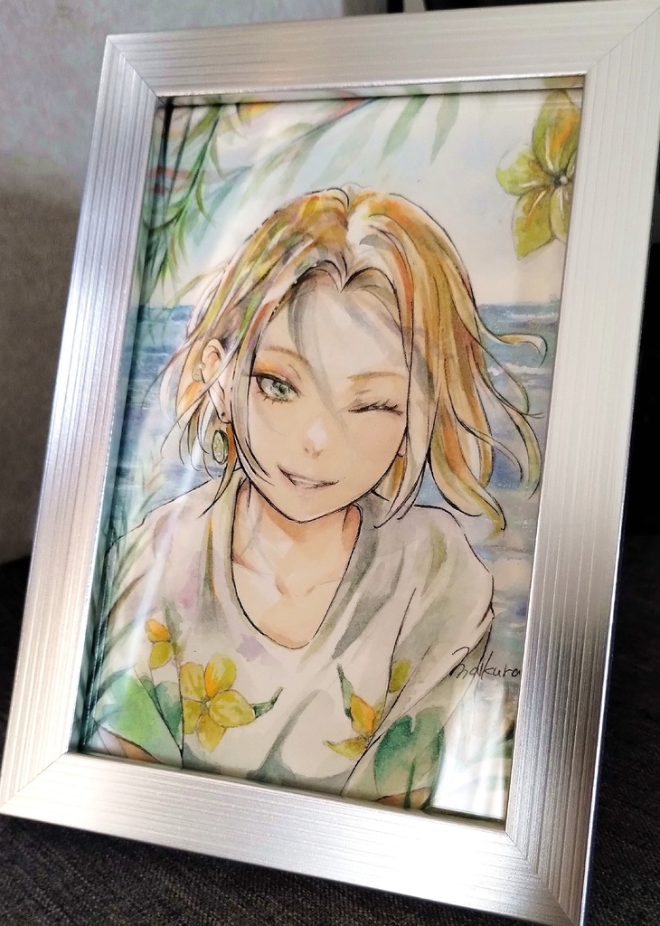 【額付き】爽やか笑顔のお姉さん水彩イラスト原画 (はがきサイズ)