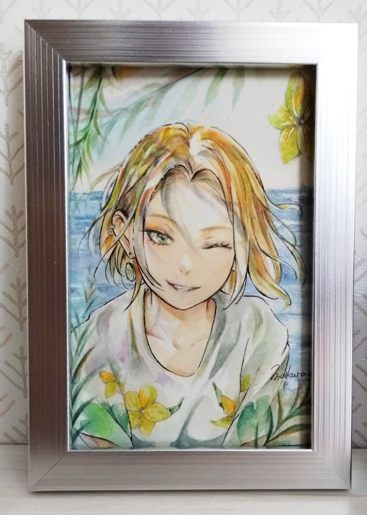 【額付き】爽やか笑顔のお姉さん水彩イラスト原画 (はがきサイズ)