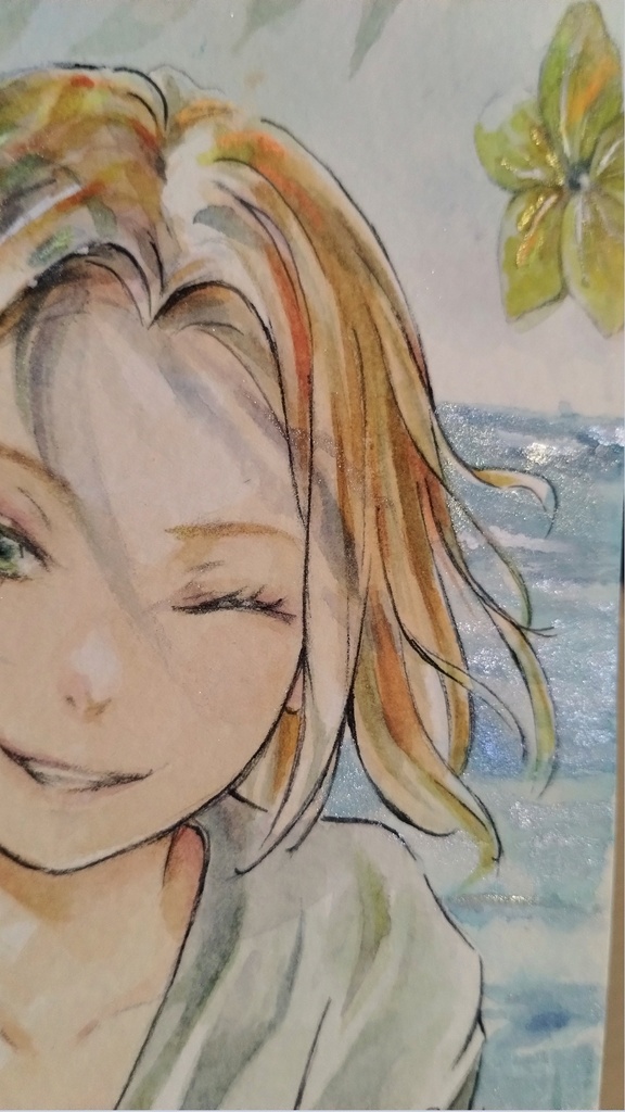 【額付き】爽やか笑顔のお姉さん水彩イラスト原画 (はがきサイズ)