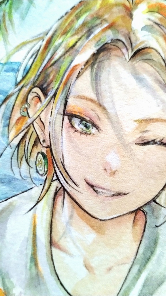 【額付き】爽やか笑顔のお姉さん水彩イラスト原画 (はがきサイズ)