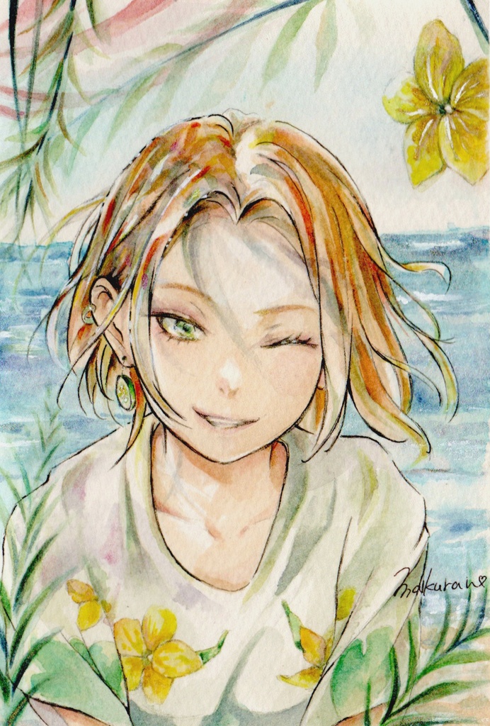 【額付き】爽やか笑顔のお姉さん水彩イラスト原画 (はがきサイズ)