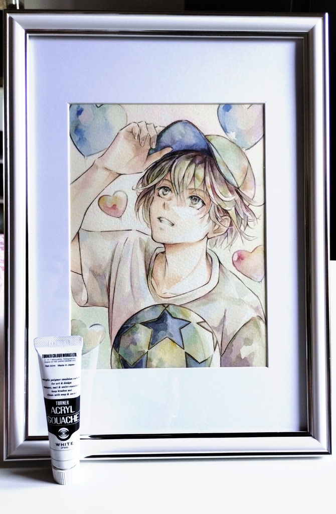 【額付き】透明水彩少年イラスト原画(A5サイズ)