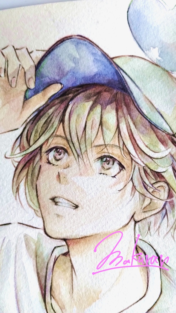 【額付き】透明水彩少年イラスト原画(A5サイズ)