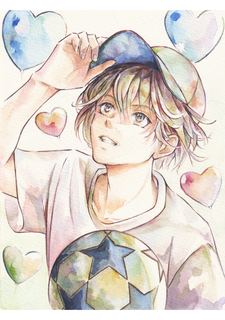 【額付き】透明水彩少年イラスト原画(A5サイズ)