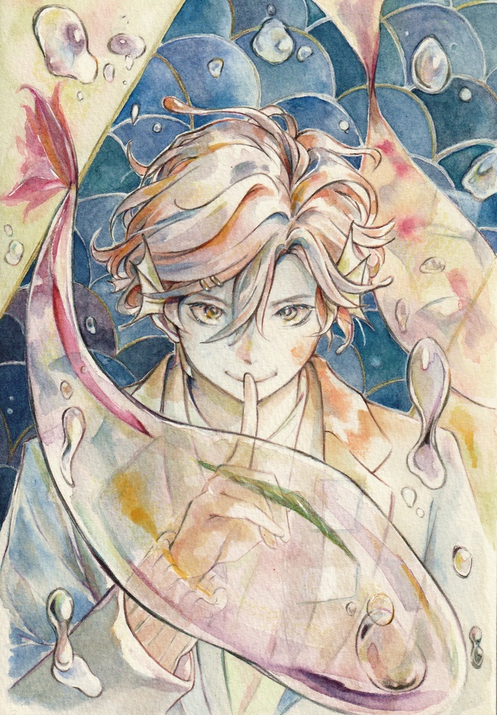 【額付き】男性人魚の水彩イラスト原画