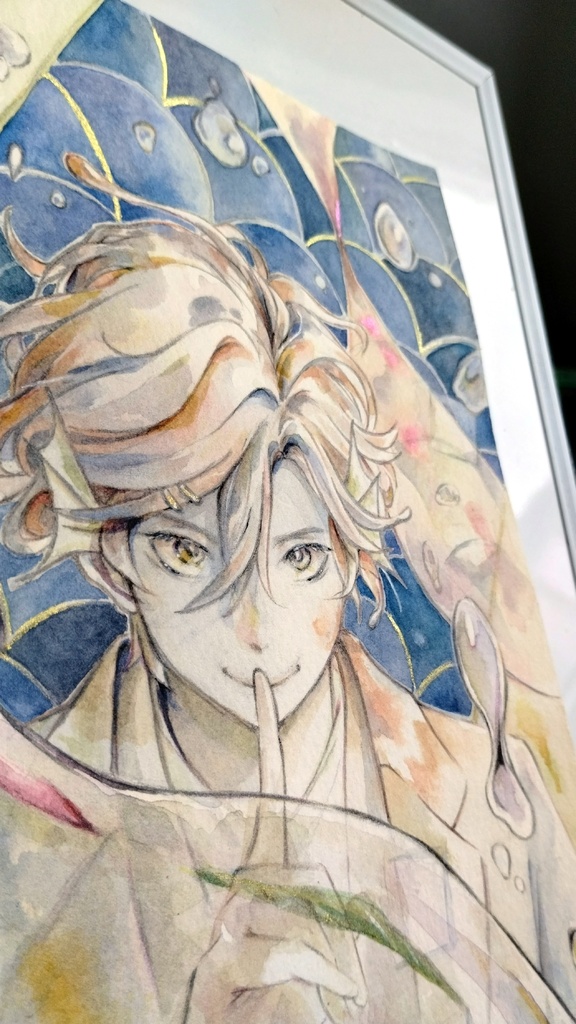 【額付き】男性人魚の水彩イラスト原画