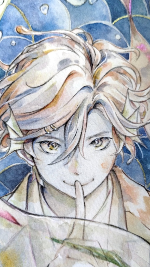 【額付き】男性人魚の水彩イラスト原画