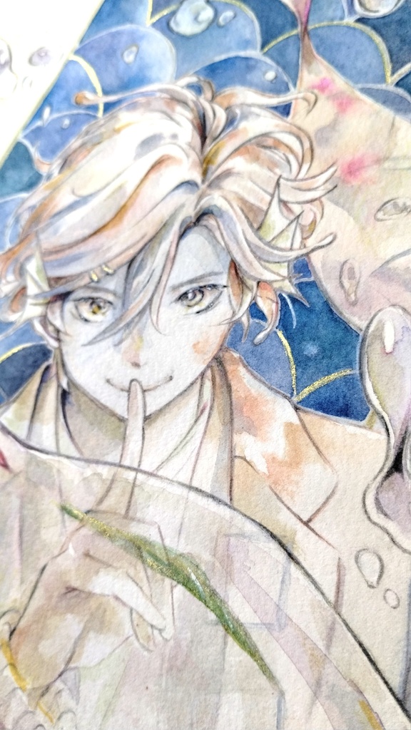 【額付き】男性人魚の水彩イラスト原画