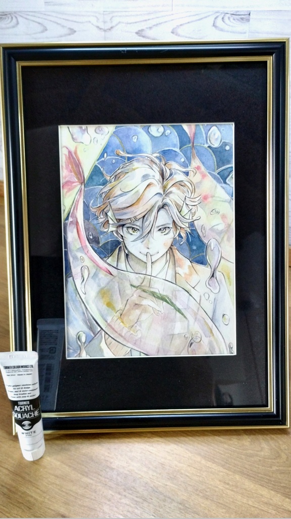 【額付き】男性人魚の水彩イラスト原画