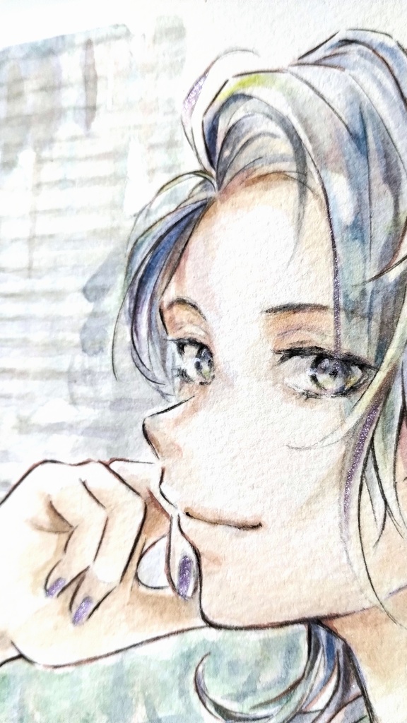 【額付き】たそがれ艶髪窓際男子の水彩イラスト原画