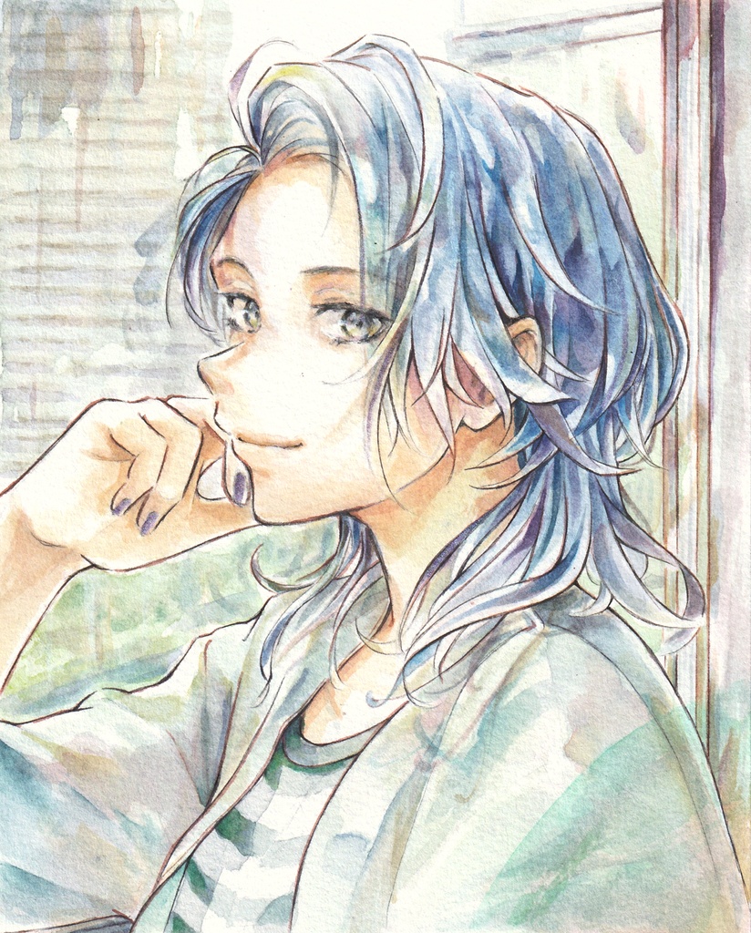 【額付き】たそがれ艶髪窓際男子の水彩イラスト原画