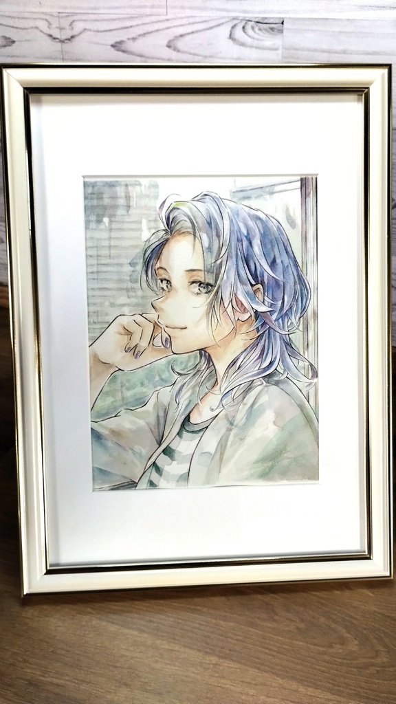 【額付き】たそがれ艶髪窓際男子の水彩イラスト原画