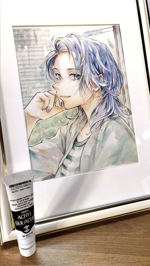 【額付き】たそがれ艶髪窓際男子の水彩イラスト原画