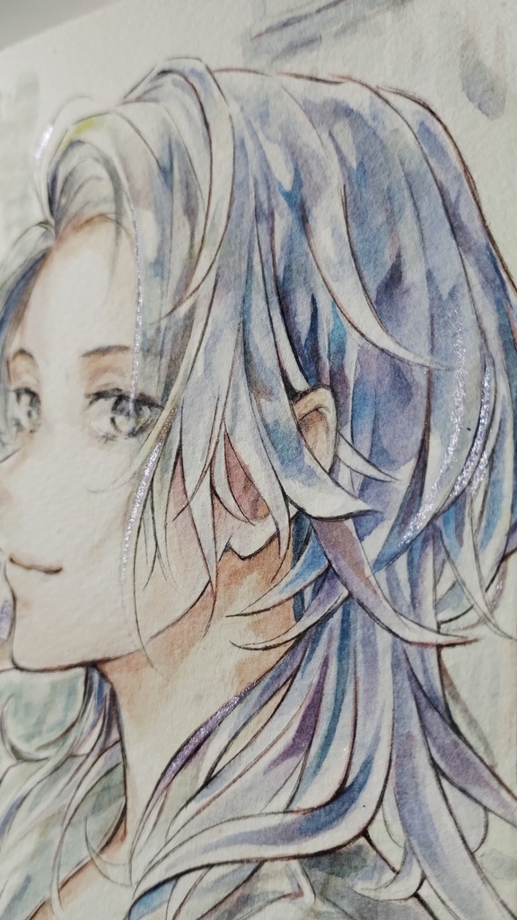 【額付き】たそがれ艶髪窓際男子の水彩イラスト原画