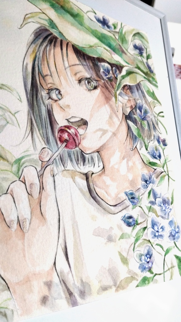 【額付き】シースルー前髪女子の水彩イラスト原画