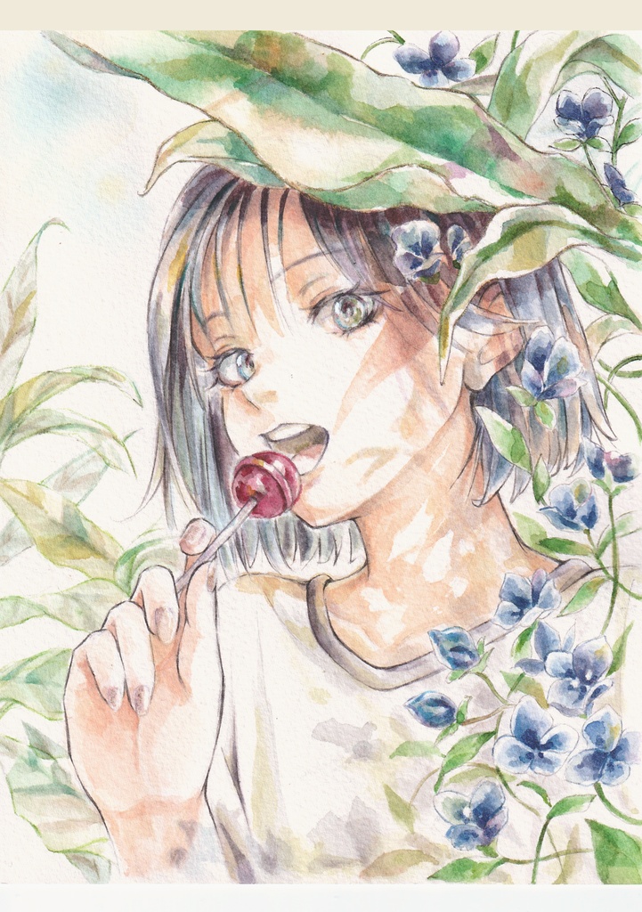 【額付き】シースルー前髪女子の水彩イラスト原画