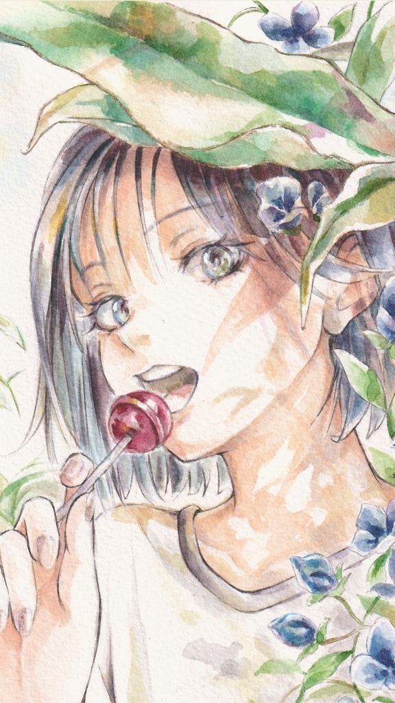 【額付き】シースルー前髪女子の水彩イラスト原画
