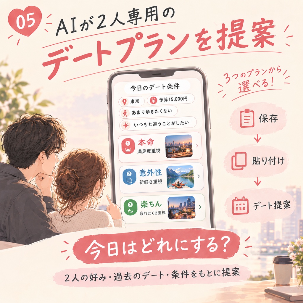 マンネリカップル脱出AI|次のデートを、2人だけのAIプランナーに任せよう