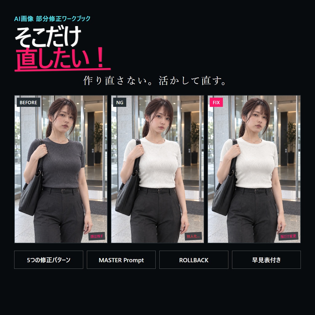 AI画像「そこだけ直したい」修正ワークブック｜顔・服・構図を壊さず部分修正