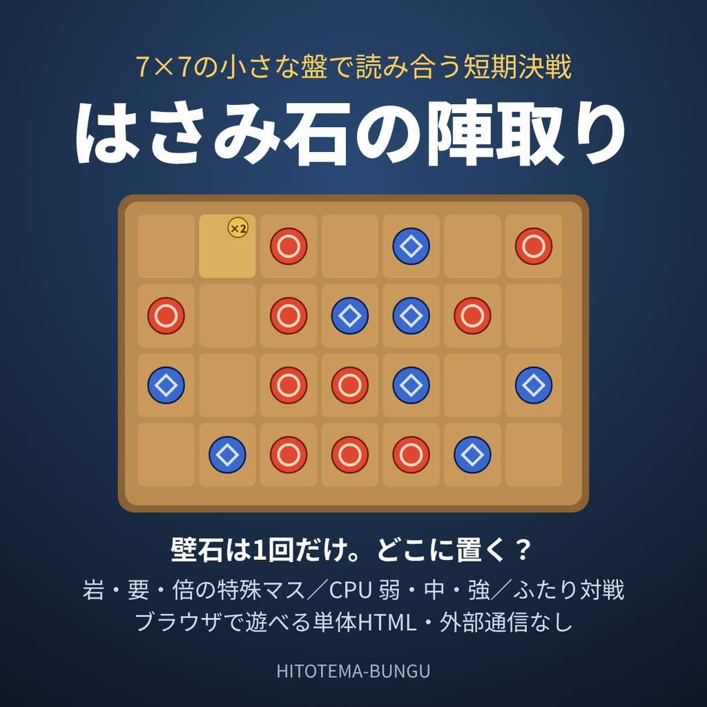 【ブラウザゲーム】はさみ石の陣取り｜7×7で読み合う短期決戦ボードゲーム【CPU3段階・ふたり対戦・単体HTML】