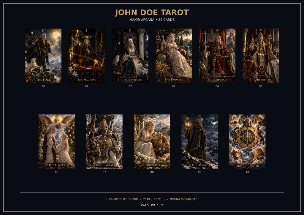 JOHN DOE TAROT|大アルカナ全22枚|印刷・商用鑑定OK|高解像度PNG+リーディングガイド