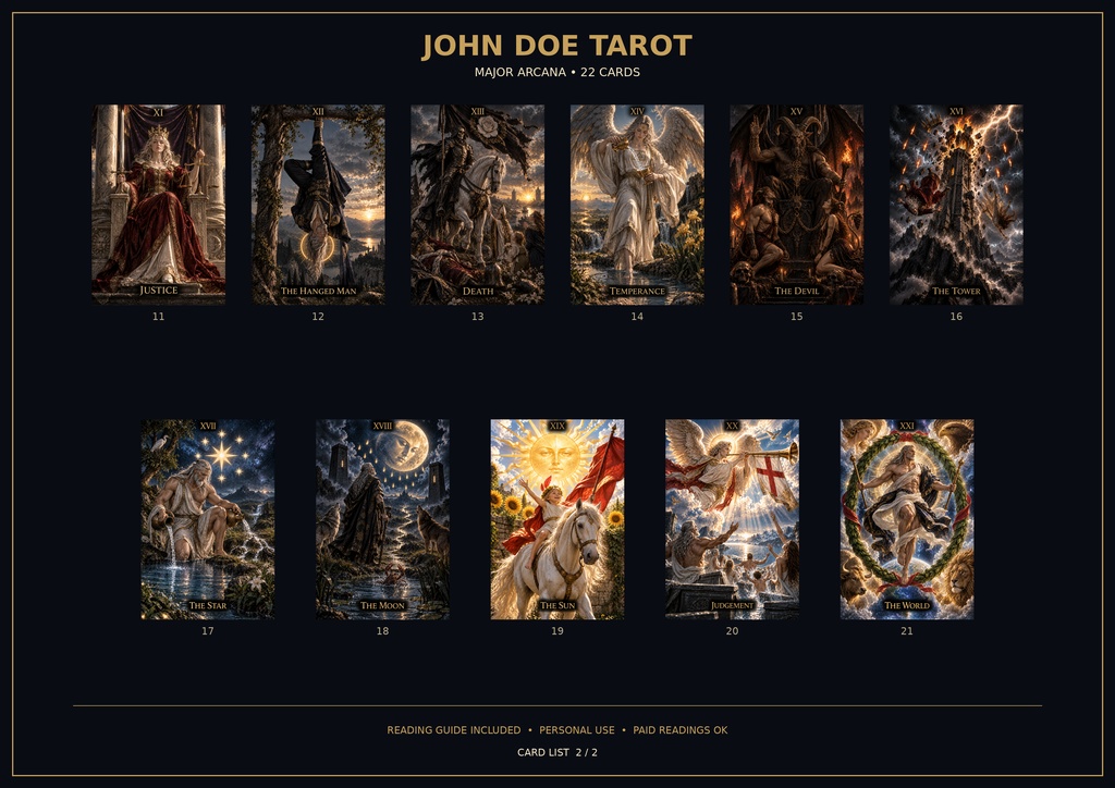JOHN DOE TAROT|大アルカナ全22枚|印刷・商用鑑定OK|高解像度PNG+リーディングガイド