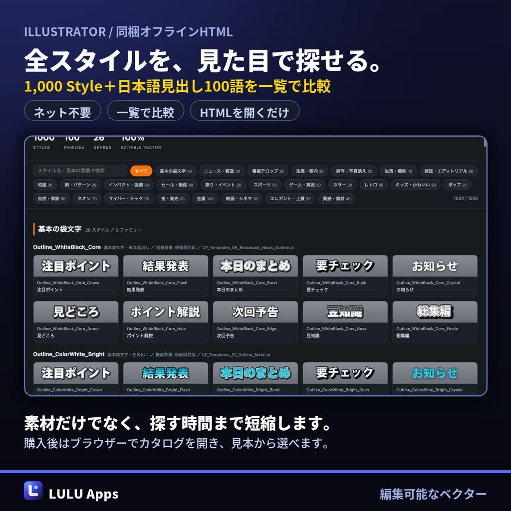 【無料120種つき】Illustrator グラフィックスタイル 1,100種|検索カタログ付き・Windows/Mac対応