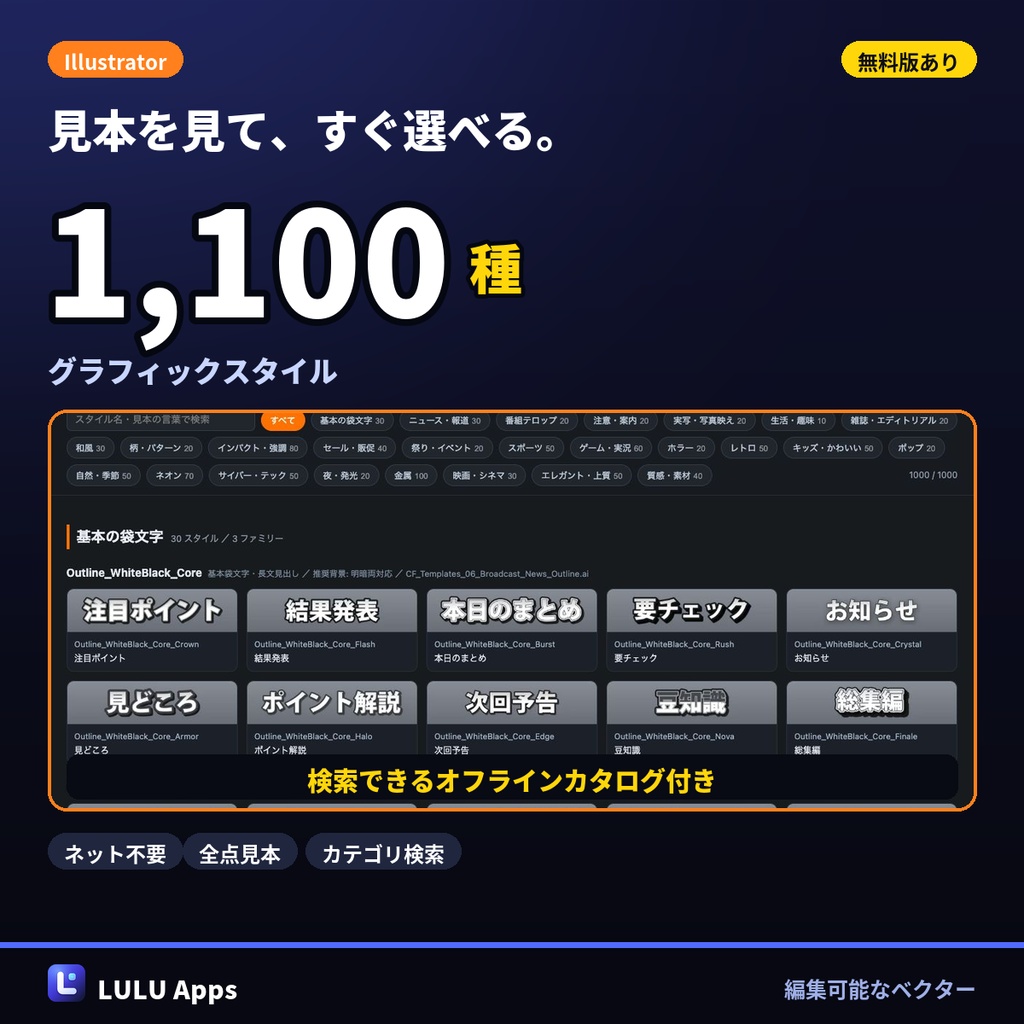 【無料120種つき】Illustrator グラフィックスタイル 1,100種|検索カタログ付き・Windows/Mac対応