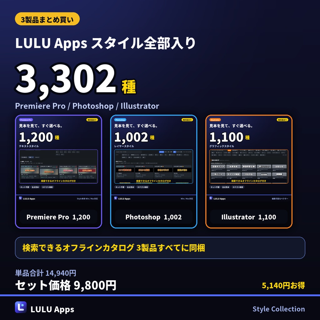 【3製品セット】LULU Apps スタイル全部入り 3302種｜Premiere Pro・Photoshop・Illustrator