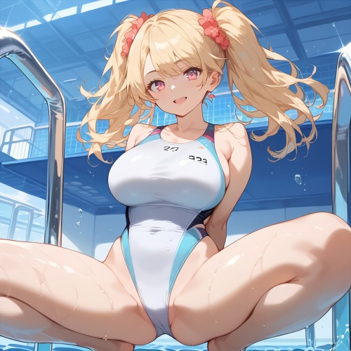 二次　M字 金髪巨乳娘 ハイレグ競泳水着 しゃがみM字開脚 300枚 - miyanomori - BOOTH