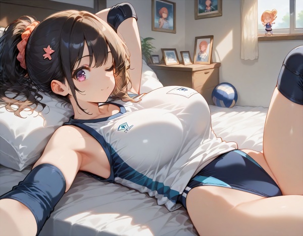 黒髪巨乳娘　バレーボール選手　ハイレグブルマ　グラビアポーズ　仰向け　300枚
