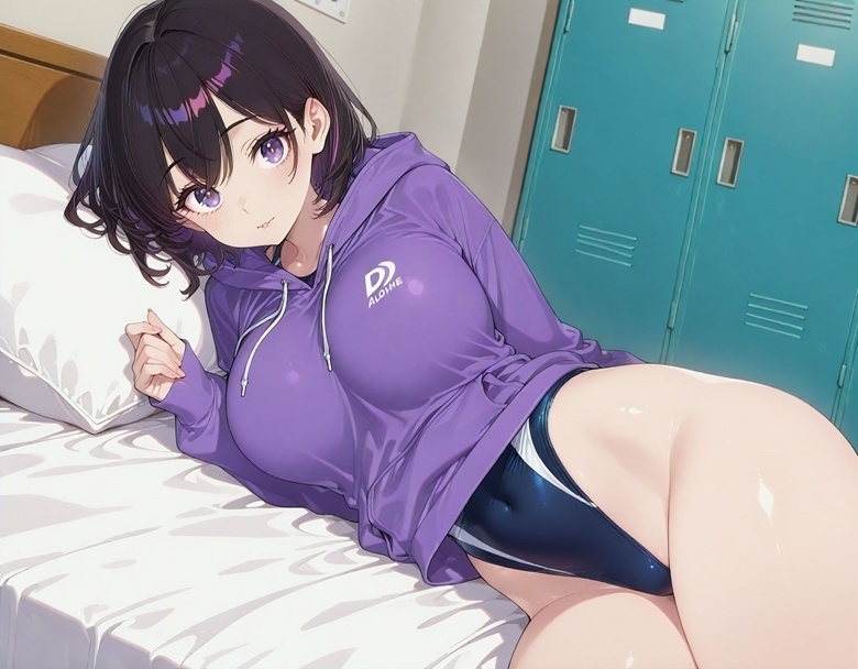 黒髪巨乳娘　水着パーカー　ハイレグ競泳水着　グラビアポーズ　仰向け　300枚