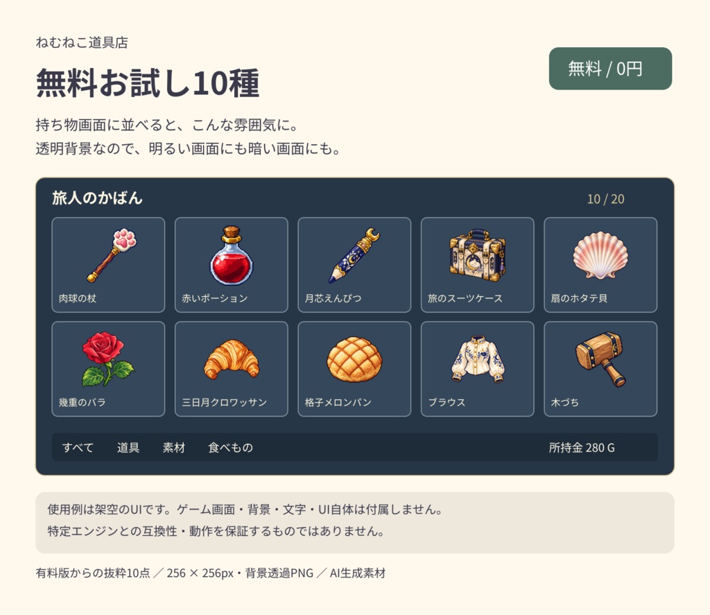 【無料】RPGアイテム素材10種|ねむねこ道具店【透過PNG】