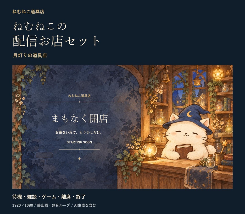 ねむねこの配信お店セット｜月灯りの道具店【5画面・無音ループ】