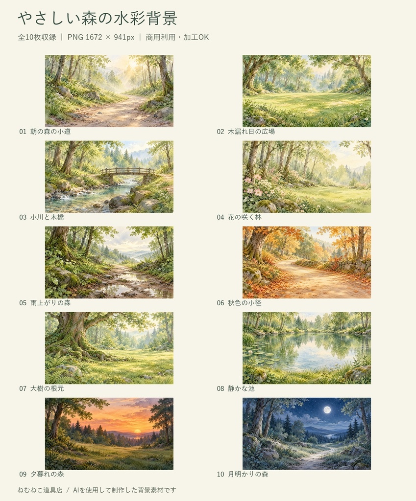 【開店記念200円】やさしい森の水彩背景10枚セット|ゲーム・絵本・動画素材