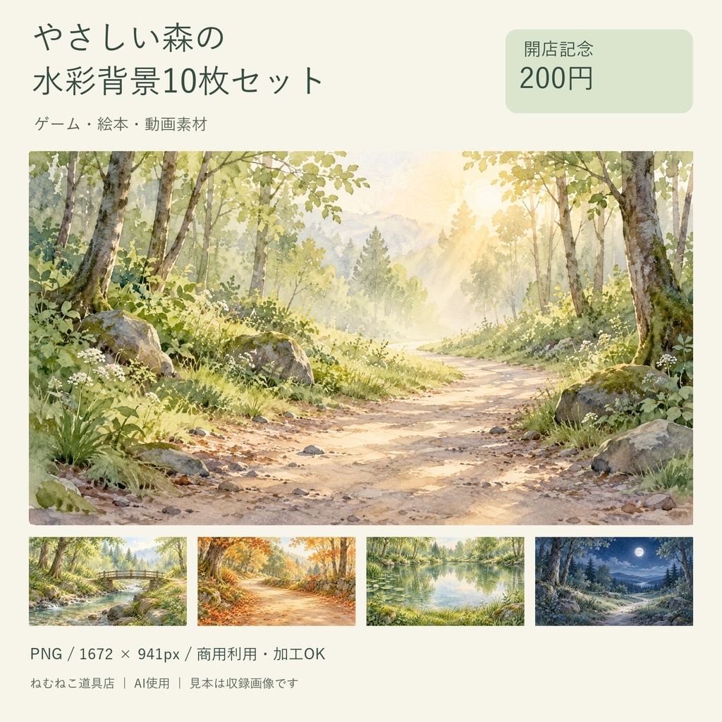 【開店記念200円】やさしい森の水彩背景10枚セット｜ゲーム・絵本・動画素材