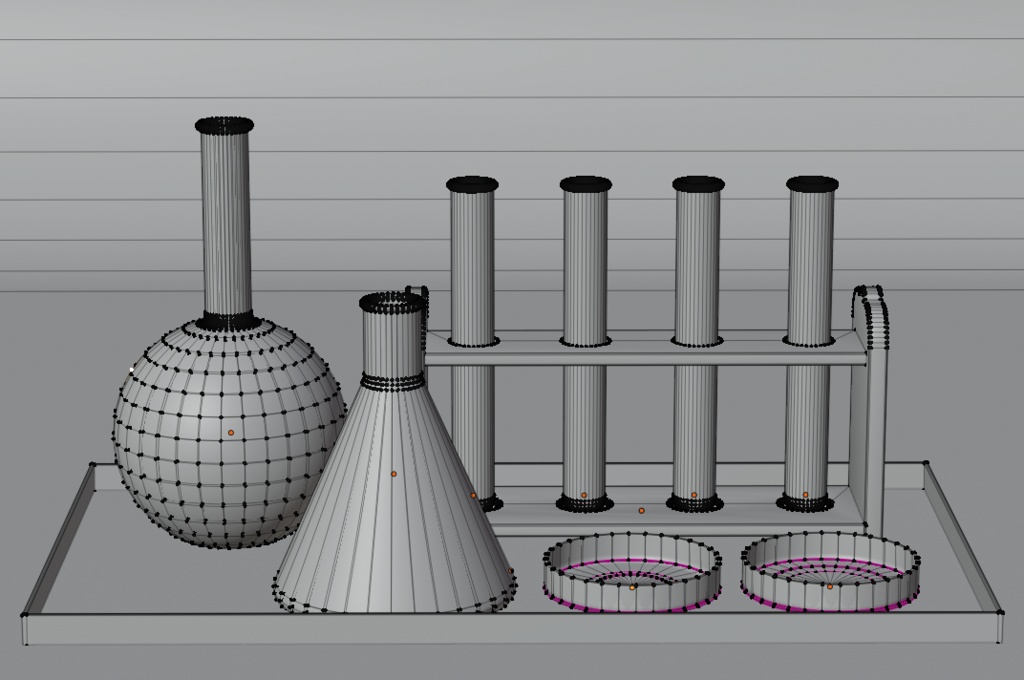 【3Dモデル】理科実験用具セット(丸底フラスコ、三角フラスコ、シャーレ2点、試験管4点、試験管立て)