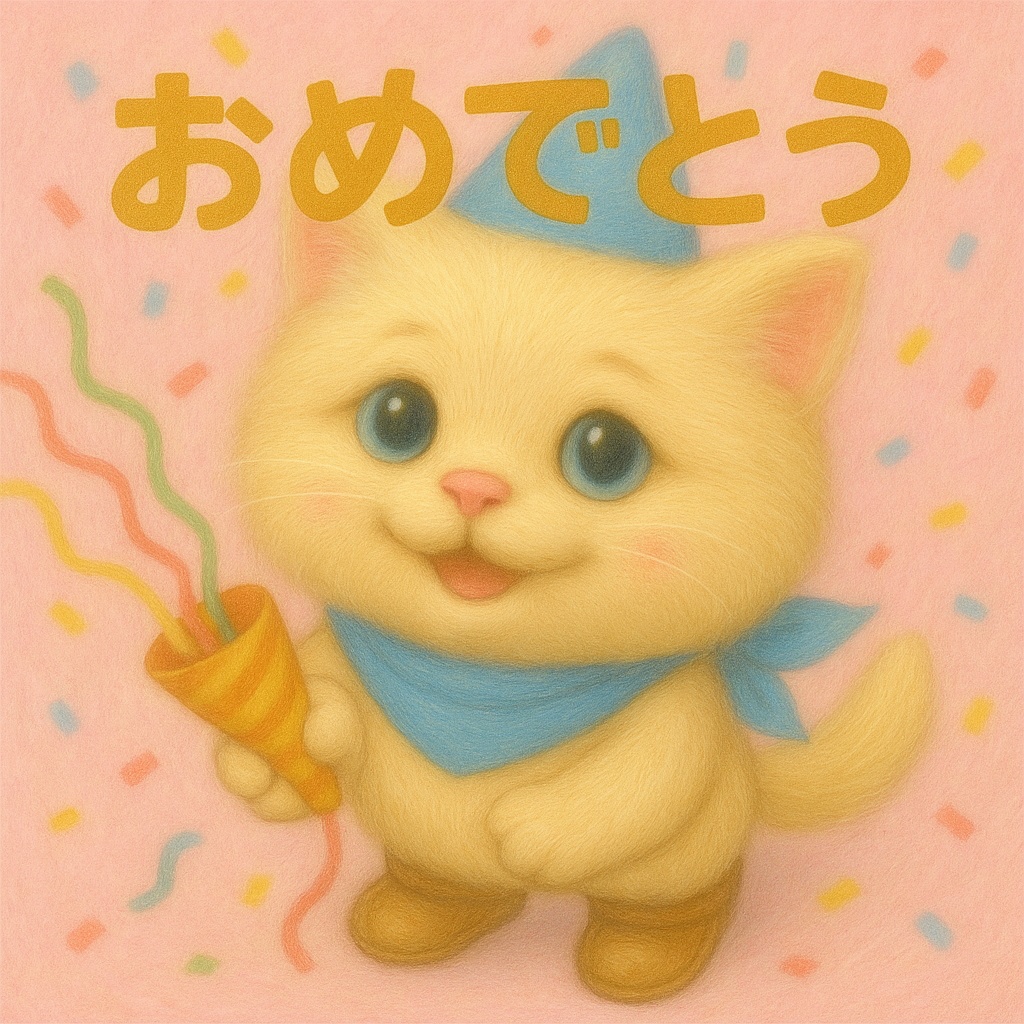 【無料素材】トロ吉　おめでとうを伝えるモフカワ猫イラスト（スタンプ風）