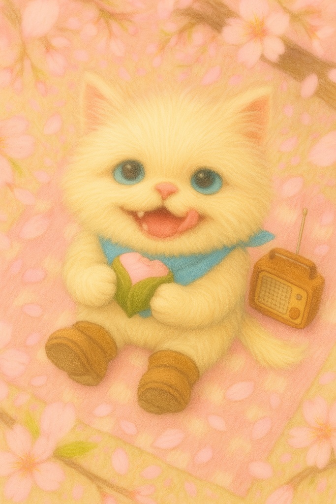 桜もちにぺろり！春のお花見トロ吉イラスト（無料素材）