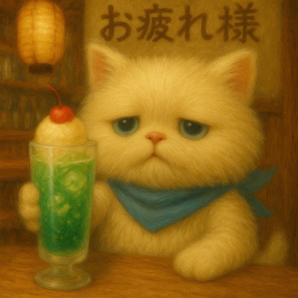 【無料素材】5パターン　トロ吉「お疲れ様」クリームソーダで乾杯