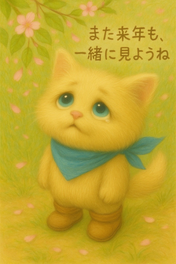 【無料素材】また来年も、一緒に見ようね。—ひとことシリーズ:桜とトロ吉—