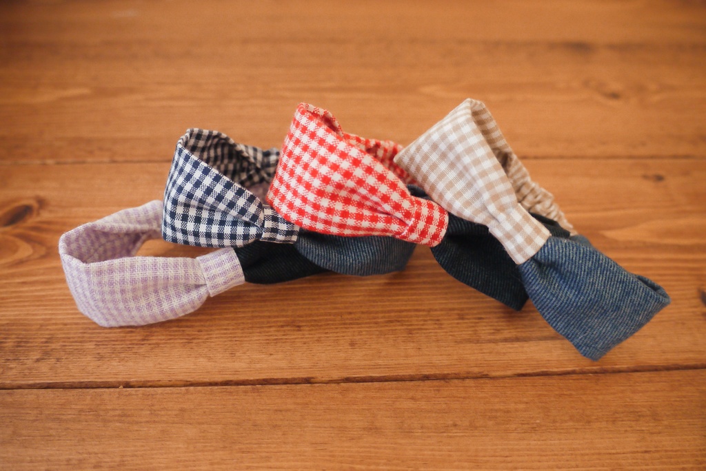 headband -denim×gingham check-