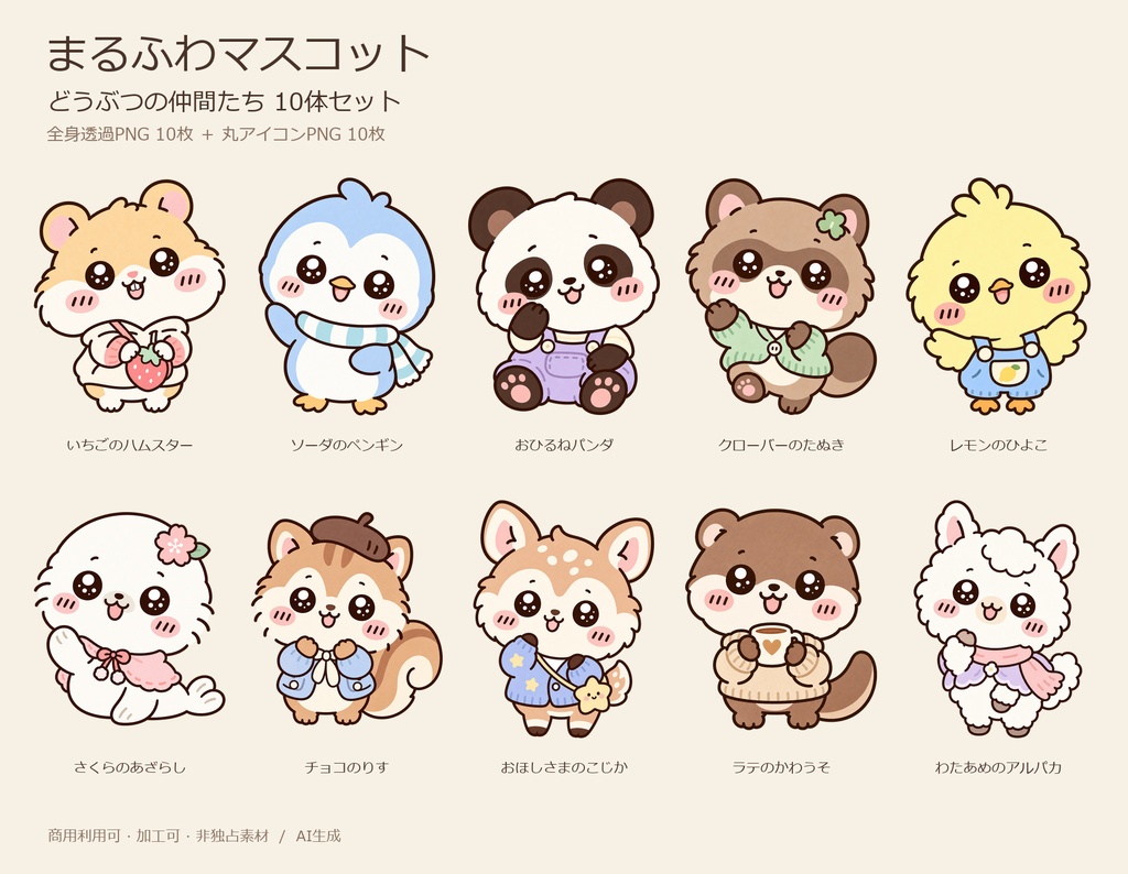 【素材セット】まるふわマスコット どうぶつの仲間たち10体｜全身透過PNG10枚＋丸アイコン10枚【商用利用可】