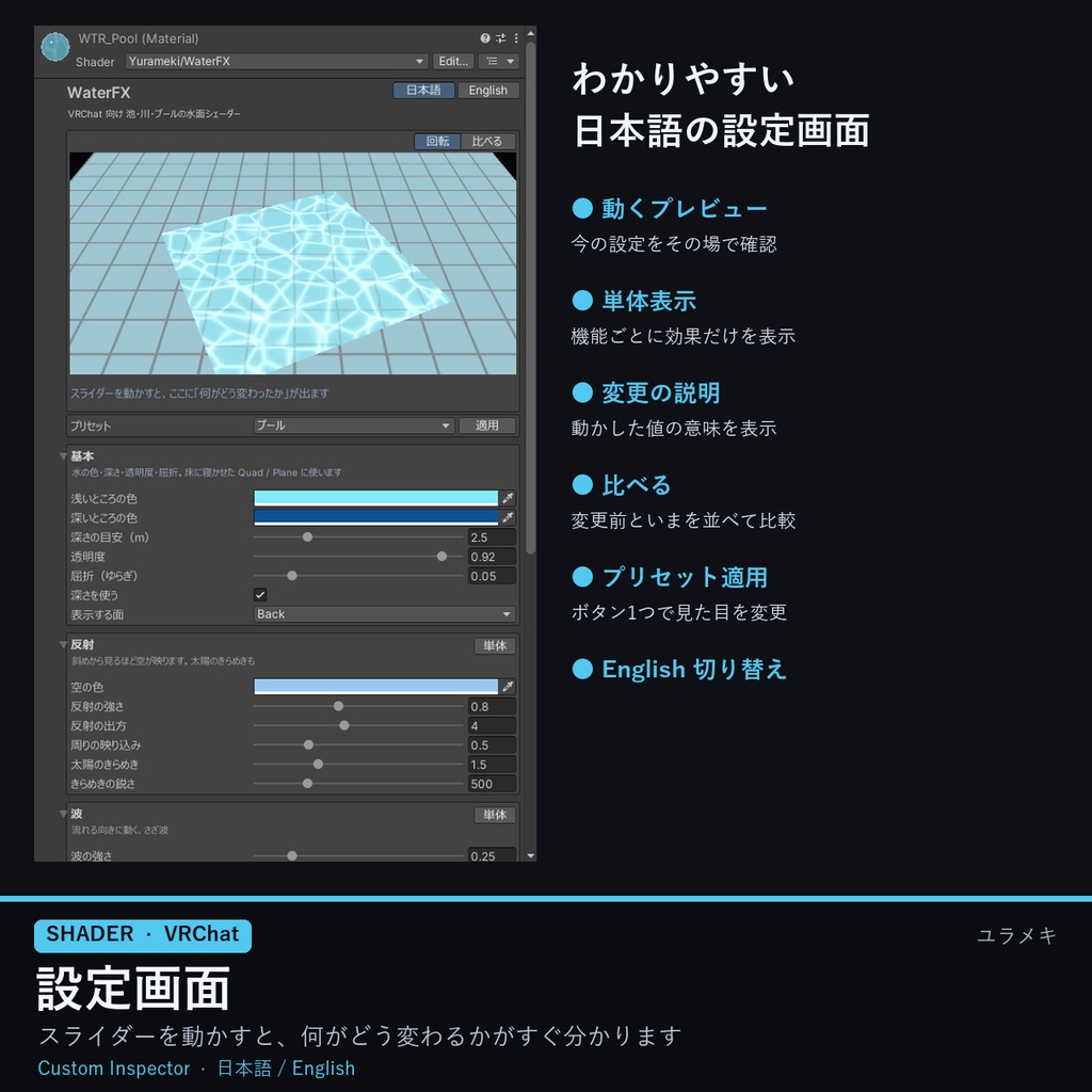 【VRChat】水面シェーダー WaterFX【池・川・プール/日本語UI】