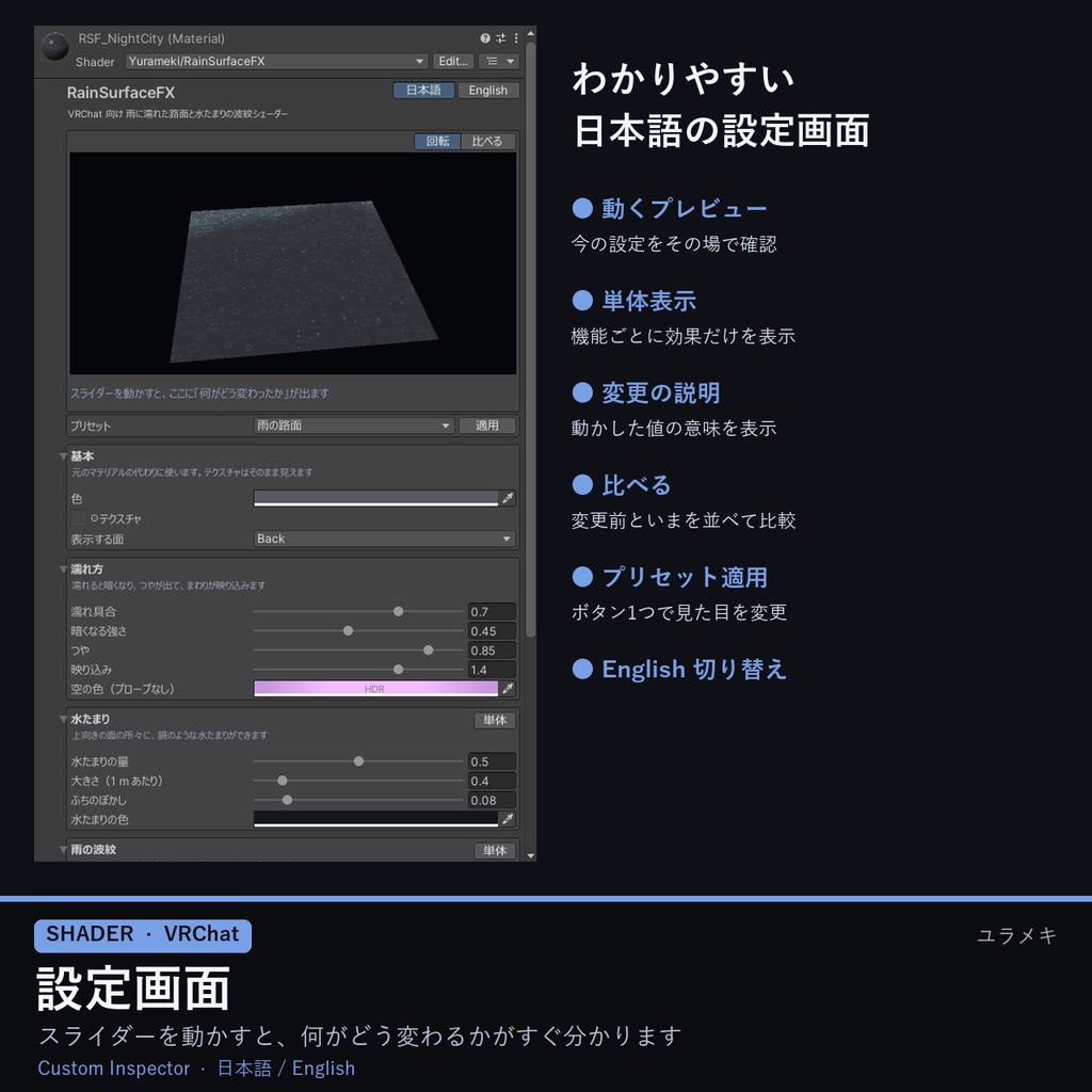 【VRChat】雨の路面シェーダー RainSurfaceFX【水たまり・雨の波紋/日本語UI】