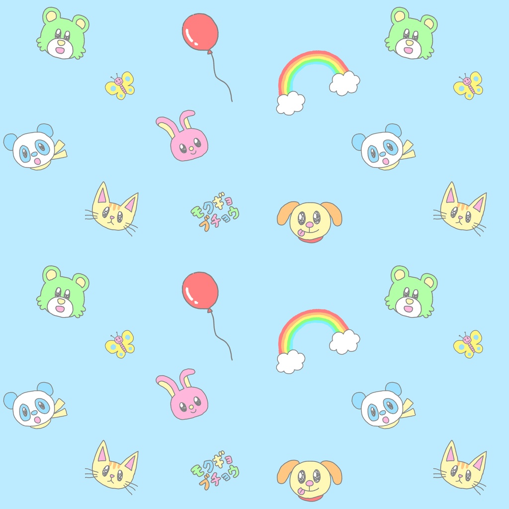 ゆるゆるアニマル総柄Tシャツブルー(レインボーver)