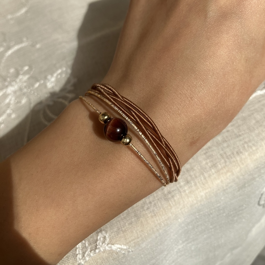 レッドタイガーアイ🐯と水引の四つ編みブレスレット ダークブラウン