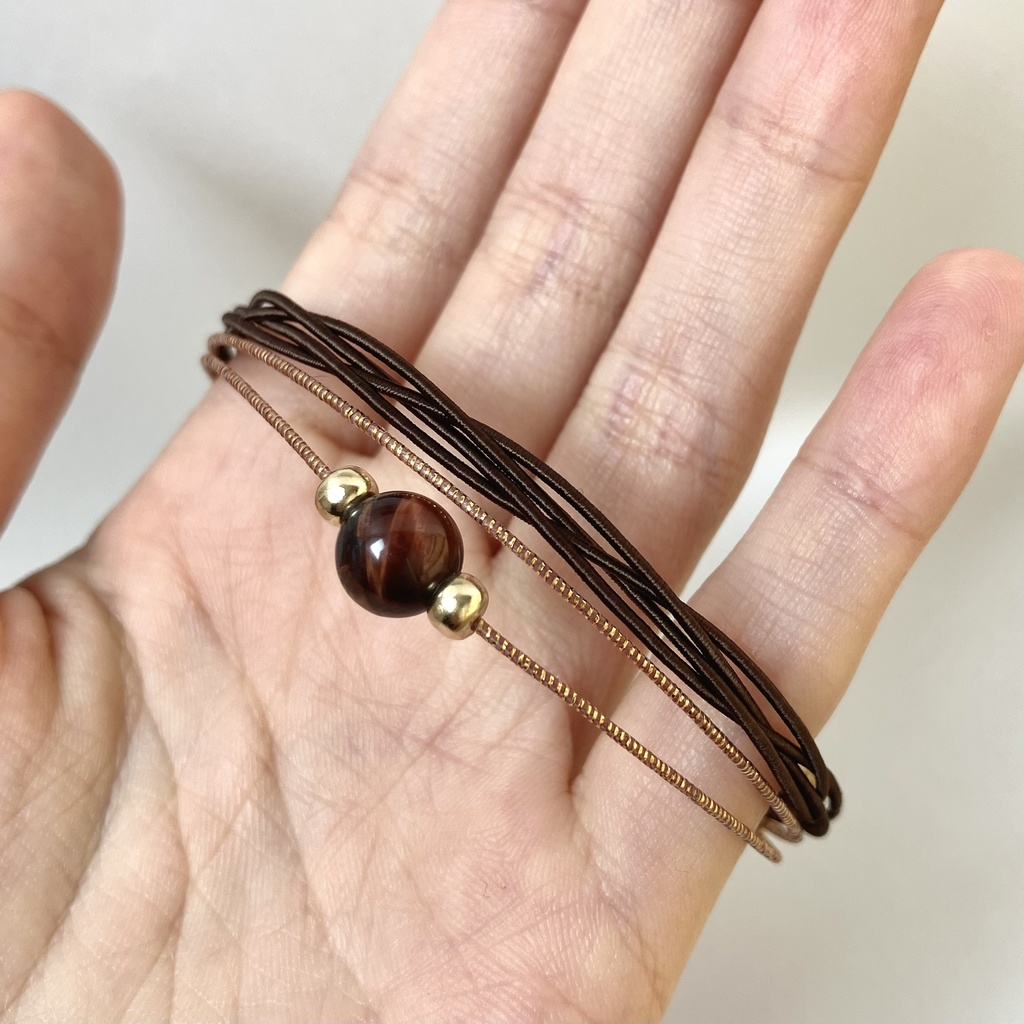 レッドタイガーアイ🐯と水引の四つ編みブレスレット ダークブラウン