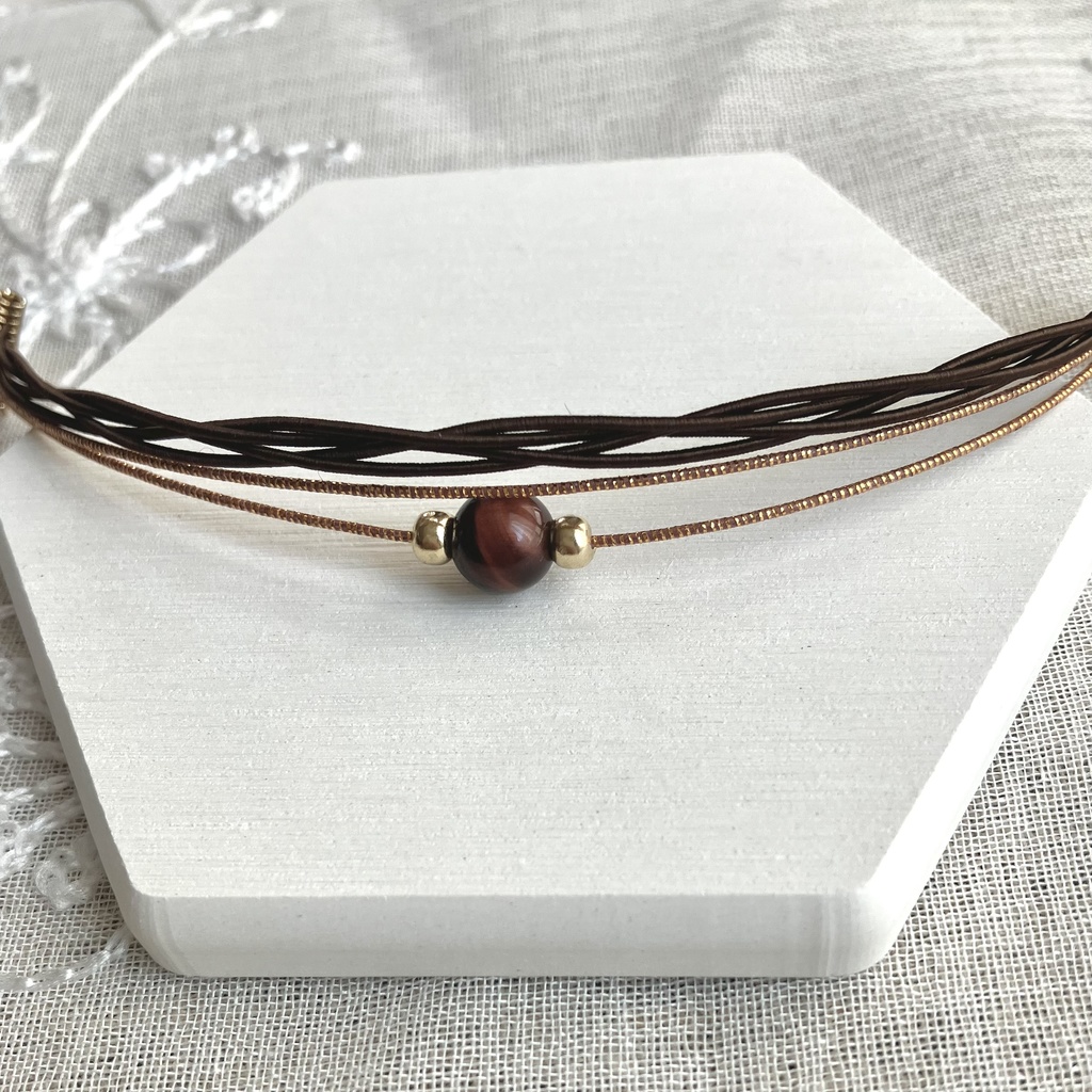 レッドタイガーアイ🐯と水引の四つ編みブレスレット ダークブラウン