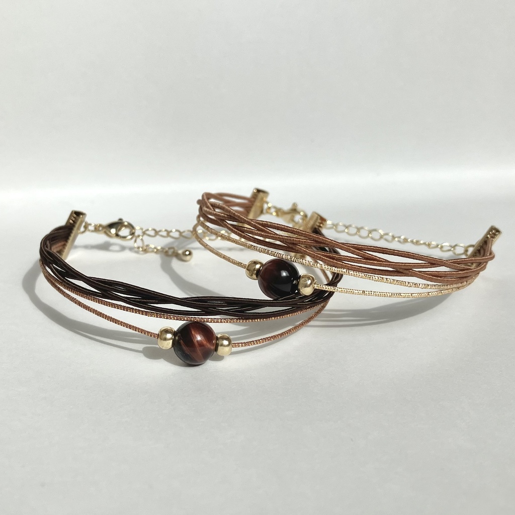 レッドタイガーアイ🐯と水引の四つ編みブレスレット ダークブラウン